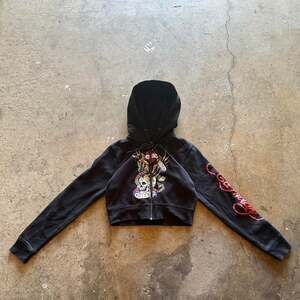 Vintage Y2K Ed Hardy Cropped Zip Up Hoodie Black Skull Graphic Size L